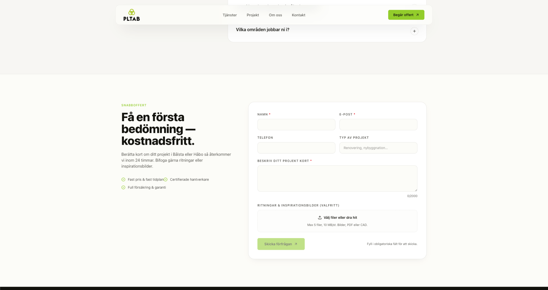 Snabboffert-formulär hos PLTAB med namn, e-post, telefon, projekttyp och filuppladdning för ritningar