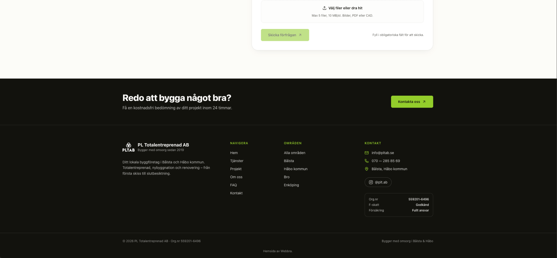 Footer och CTA-sektion hos PLTAB med 'Redo att bygga något bra?', kontaktuppgifter och företagsbox