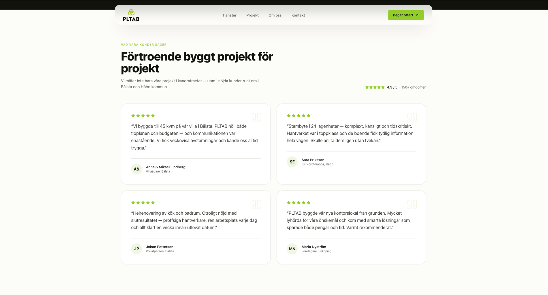 Kundomdöme-sektion hos PLTAB med fyra citat från villaägare, BRF-ordförande och företagare
