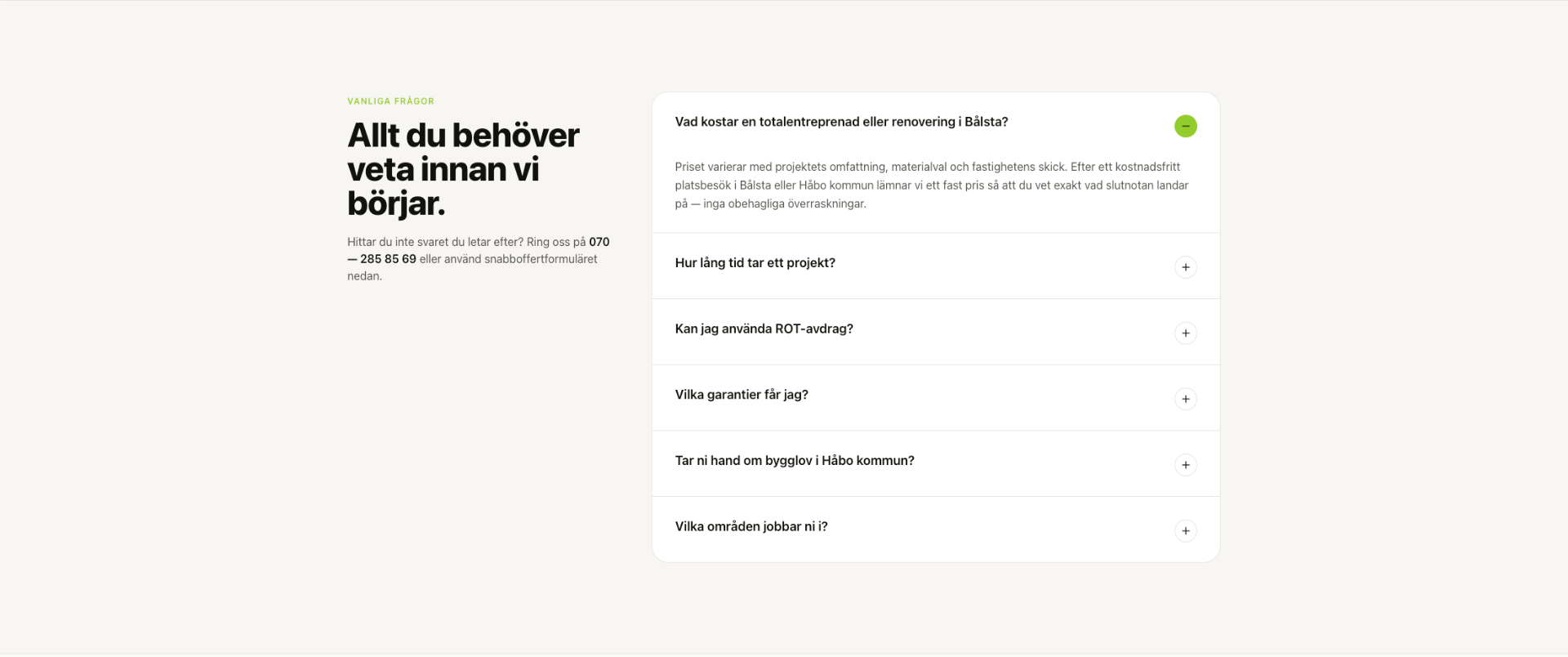 FAQ-sektion hos PLTAB med vanliga frågor om totalentreprenad, projekttid, ROT-avdrag och bygglov