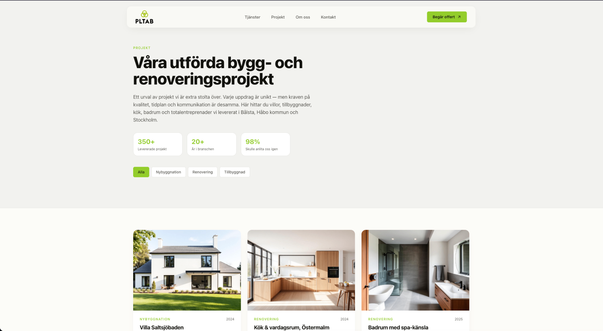 Projektsida hos PLTAB med kategorifilter och kort för Villa Saltsjöbaden, Kök & vardagsrum och Badrum med spa-känsla