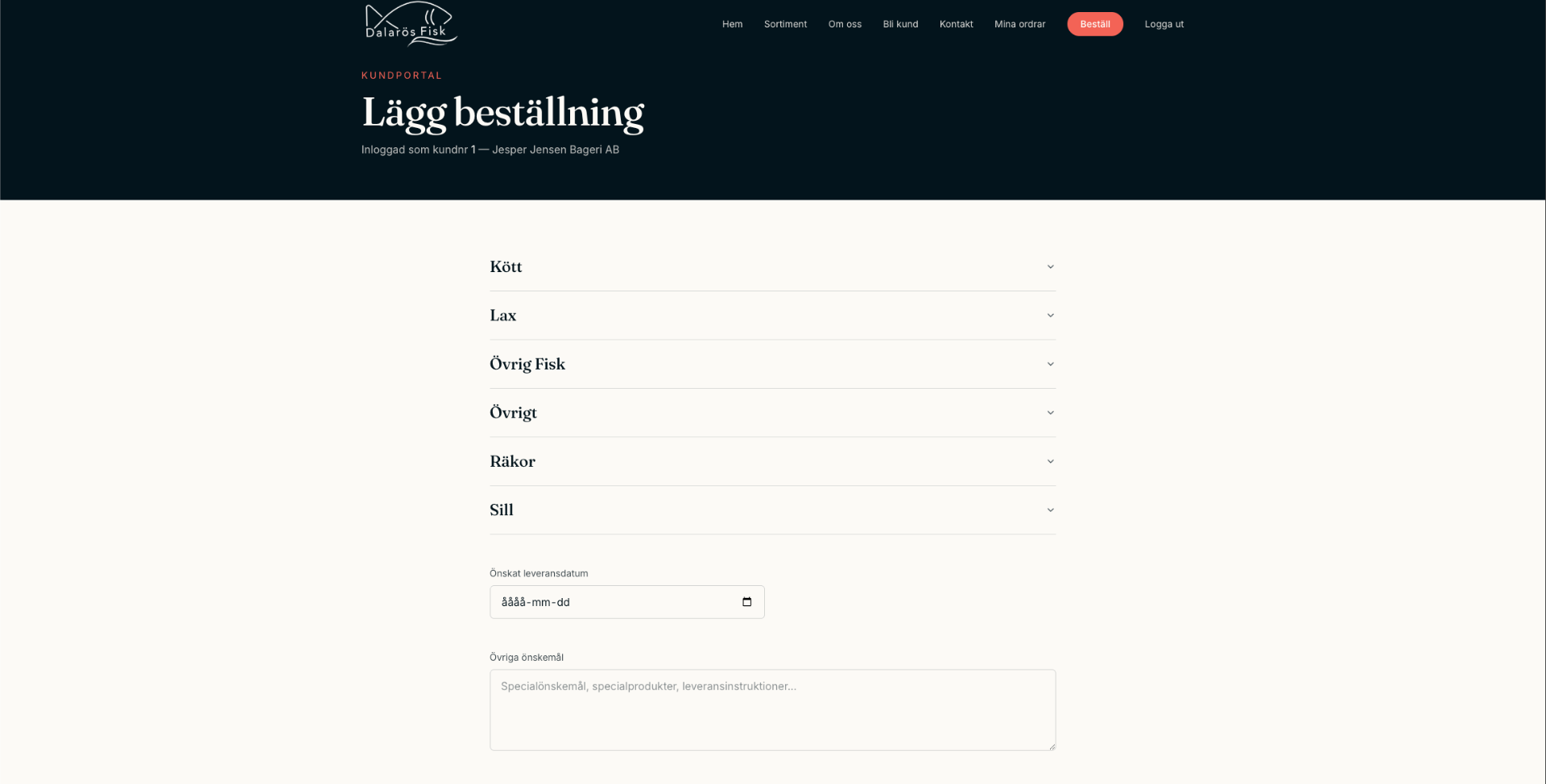 Beställningsvy med produktkategorier