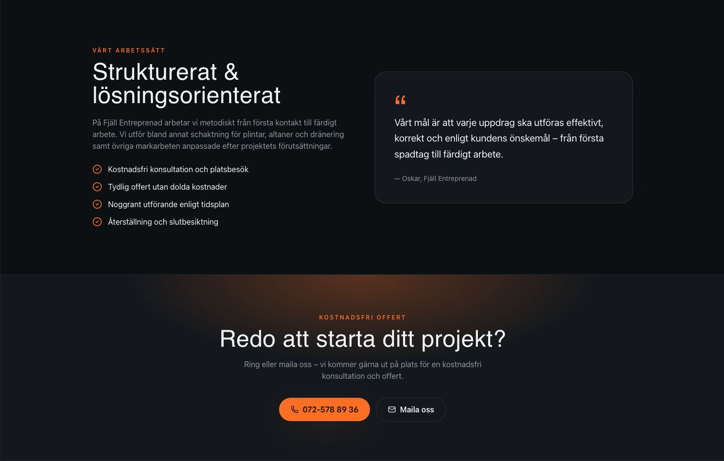 Sektion som beskriver Fjäll Entreprenads arbetssätt med checklista och kundcitat