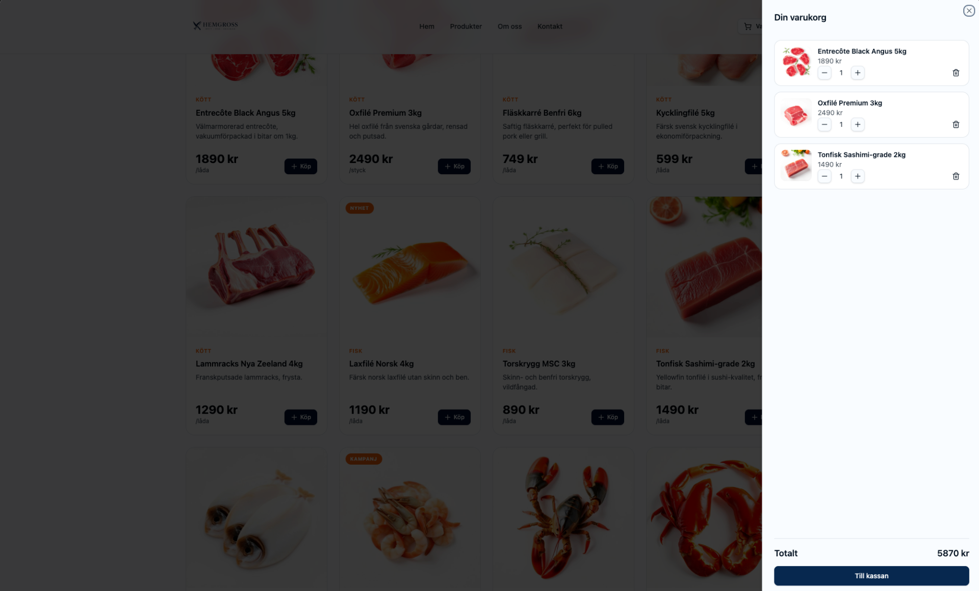 Sidopanels-varukorg hos Hemgross med produkter och totalsumma