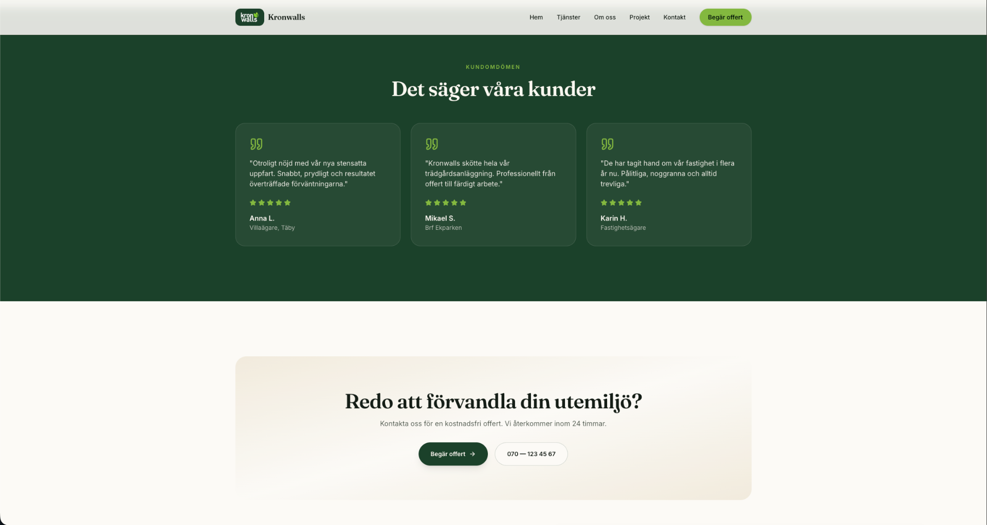 Kundomdömen-sektion hos Kronwalls med citat från villaägare och fastighetsägare