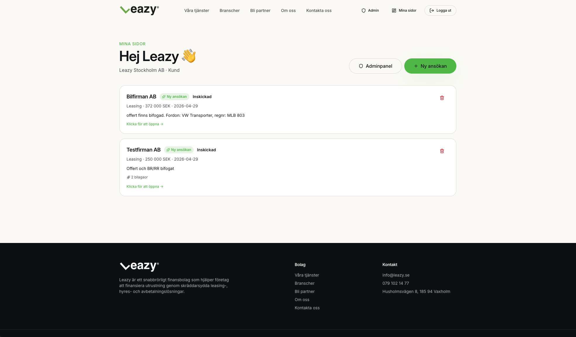 Adminpanel hos Leazy med inkomna ansökningar