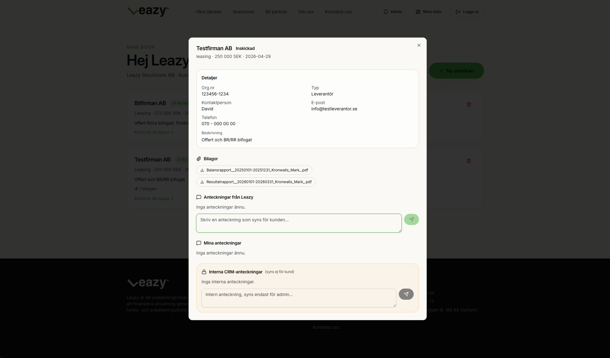 Detaljvy för en ansökan med anteckningar och bilagor