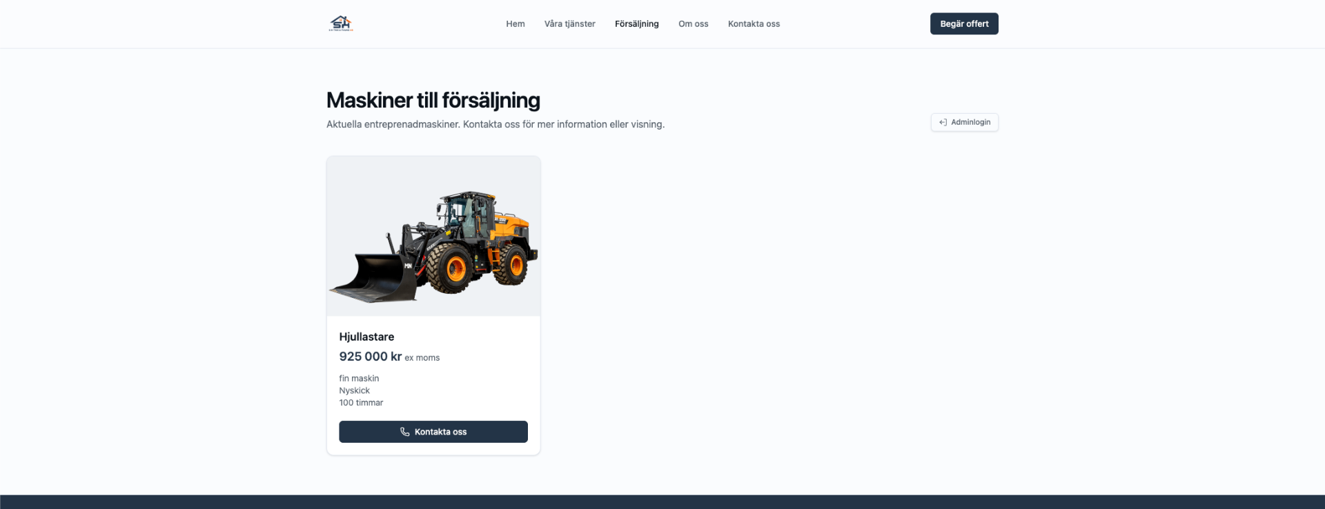 Försäljningssida med maskinannons för hjullastare
