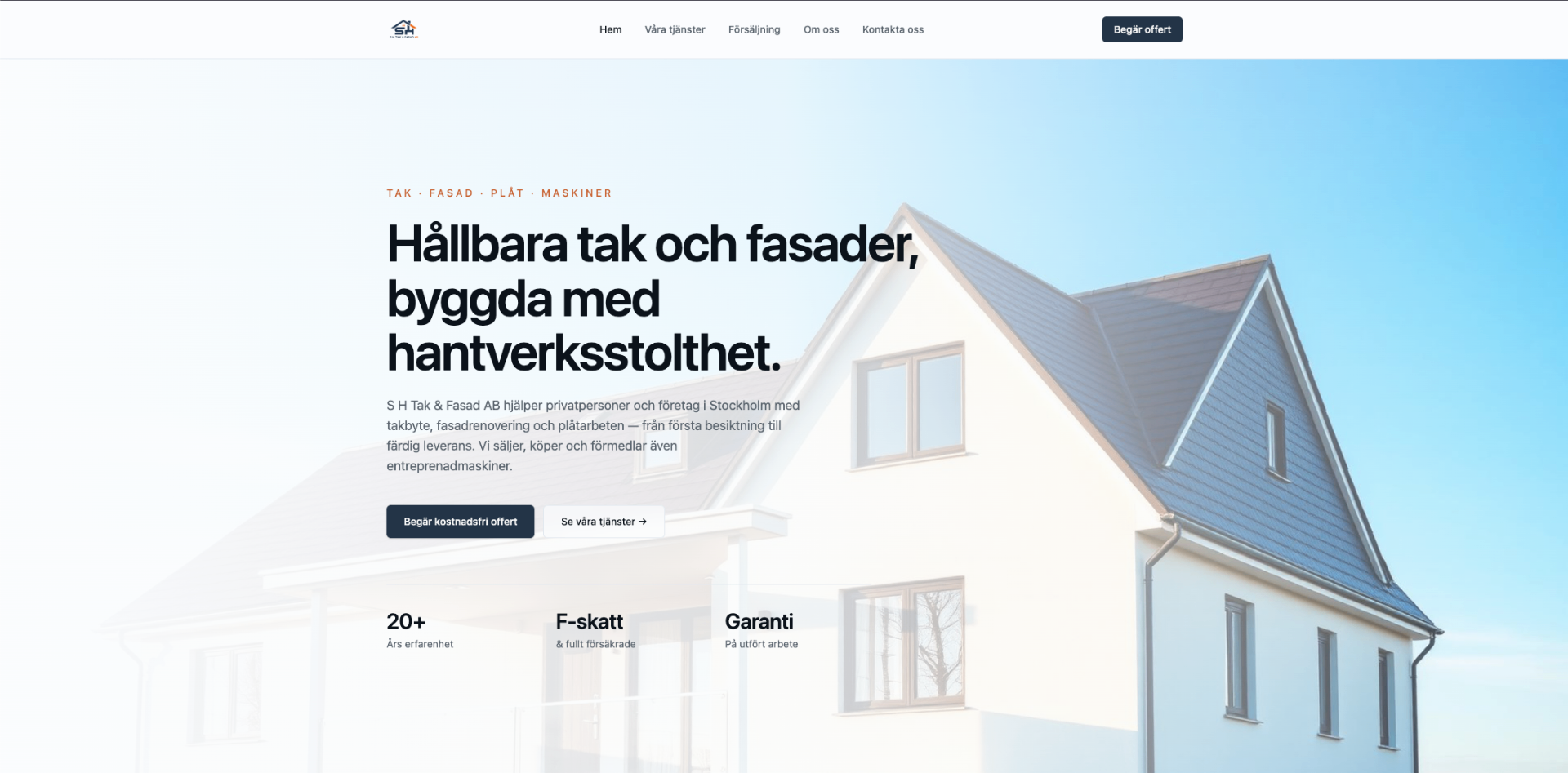 S H Tak & Fasad AB — Varumärkessajt med inloggning och annonsverktyg för entreprenadmaskiner