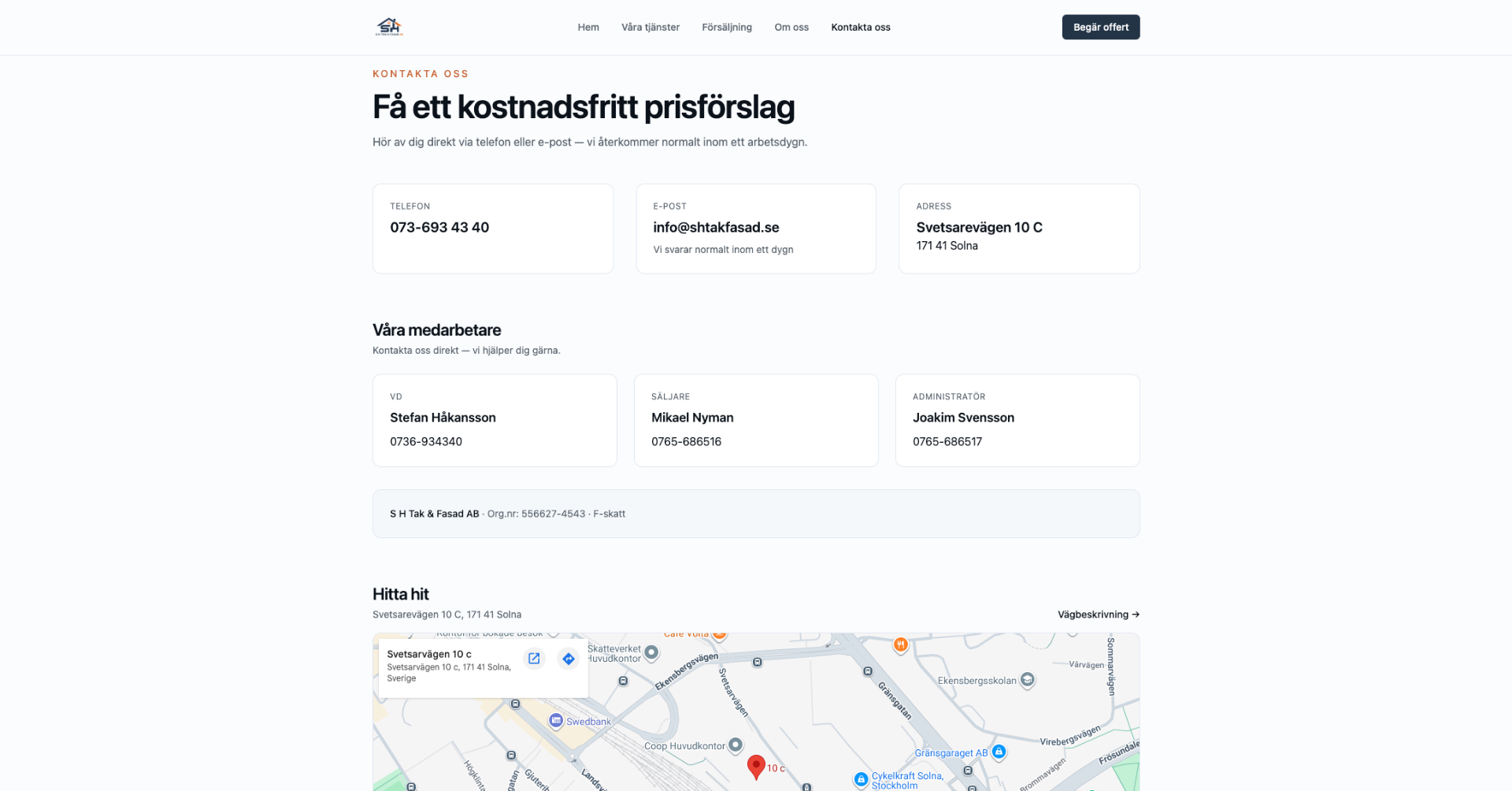 Kontaktsida med telefon, e-post, adress och medarbetarkort