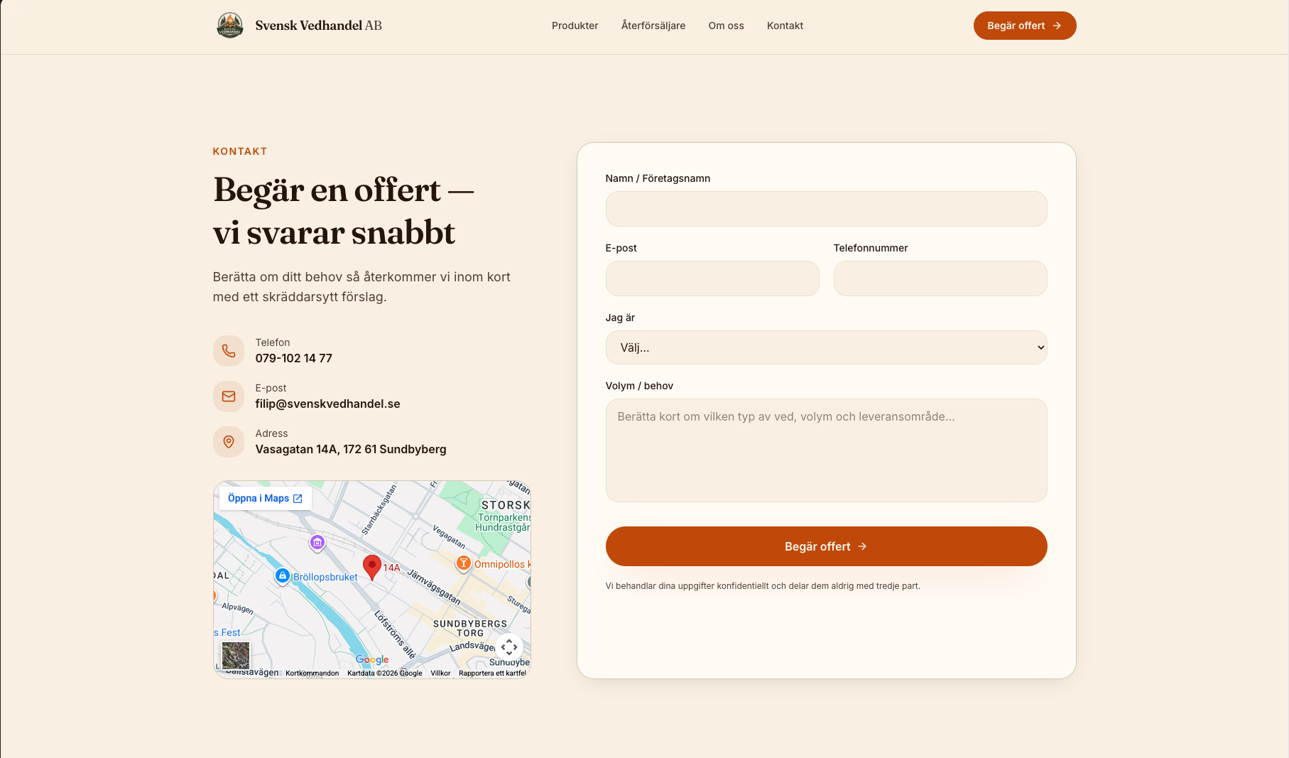 Kontaktsida med formulär, karta och kontaktuppgifter