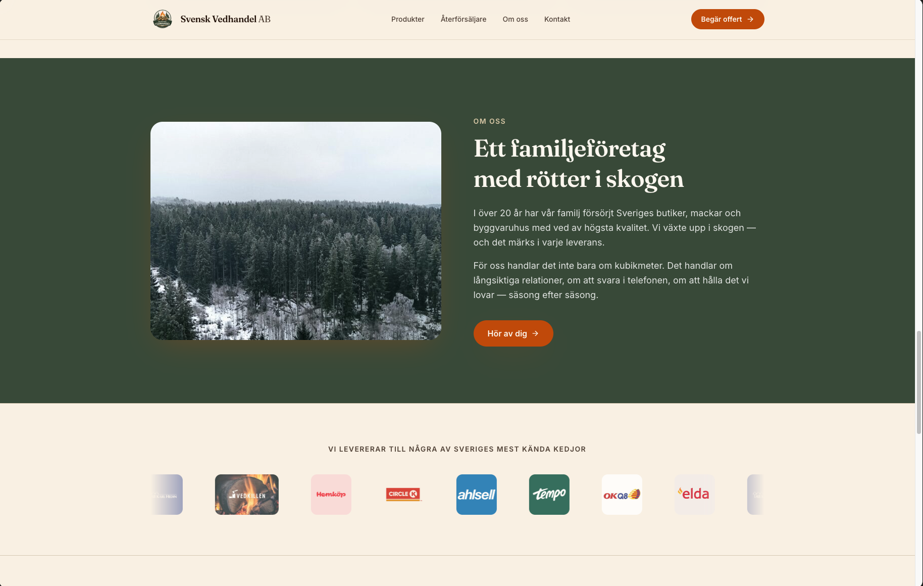 'Om oss'-sektion med skogsbild och text om familjeföretaget