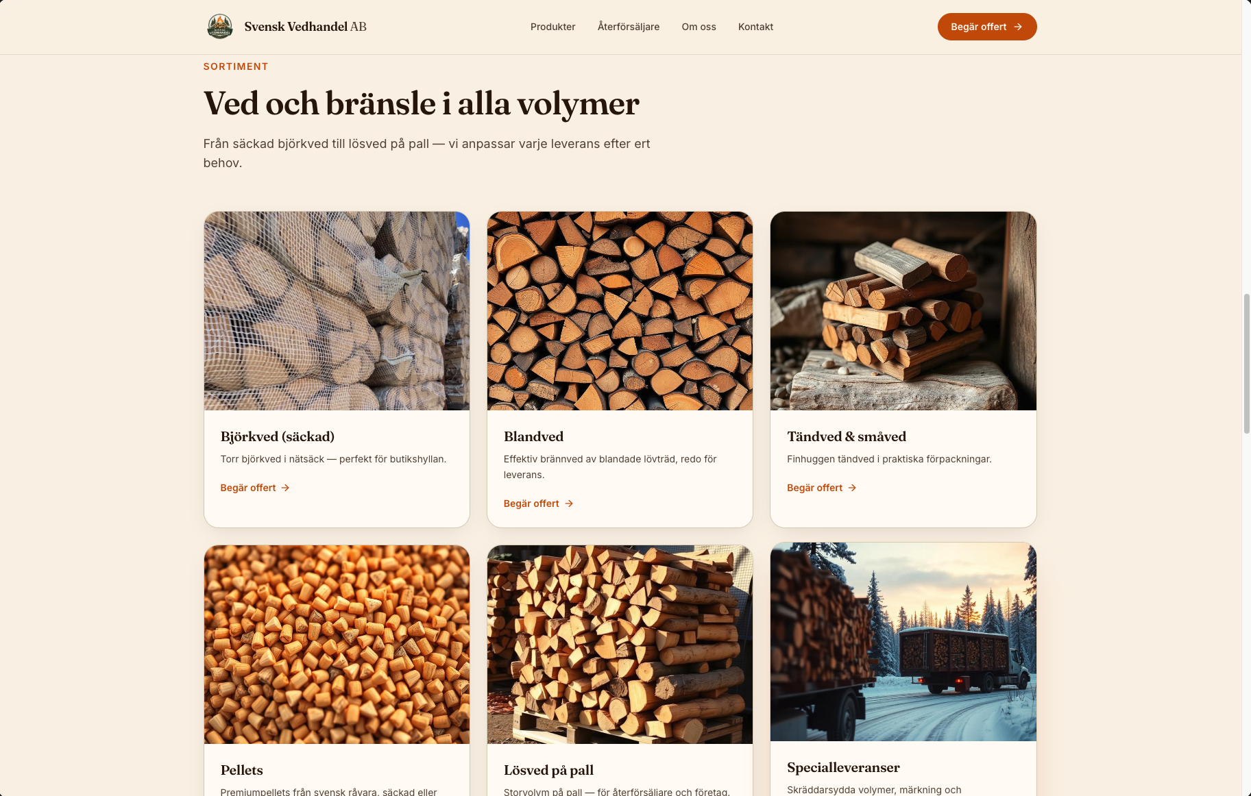 Sortimentssida med björkved, blandved, tändved, pellets och lösved på pall