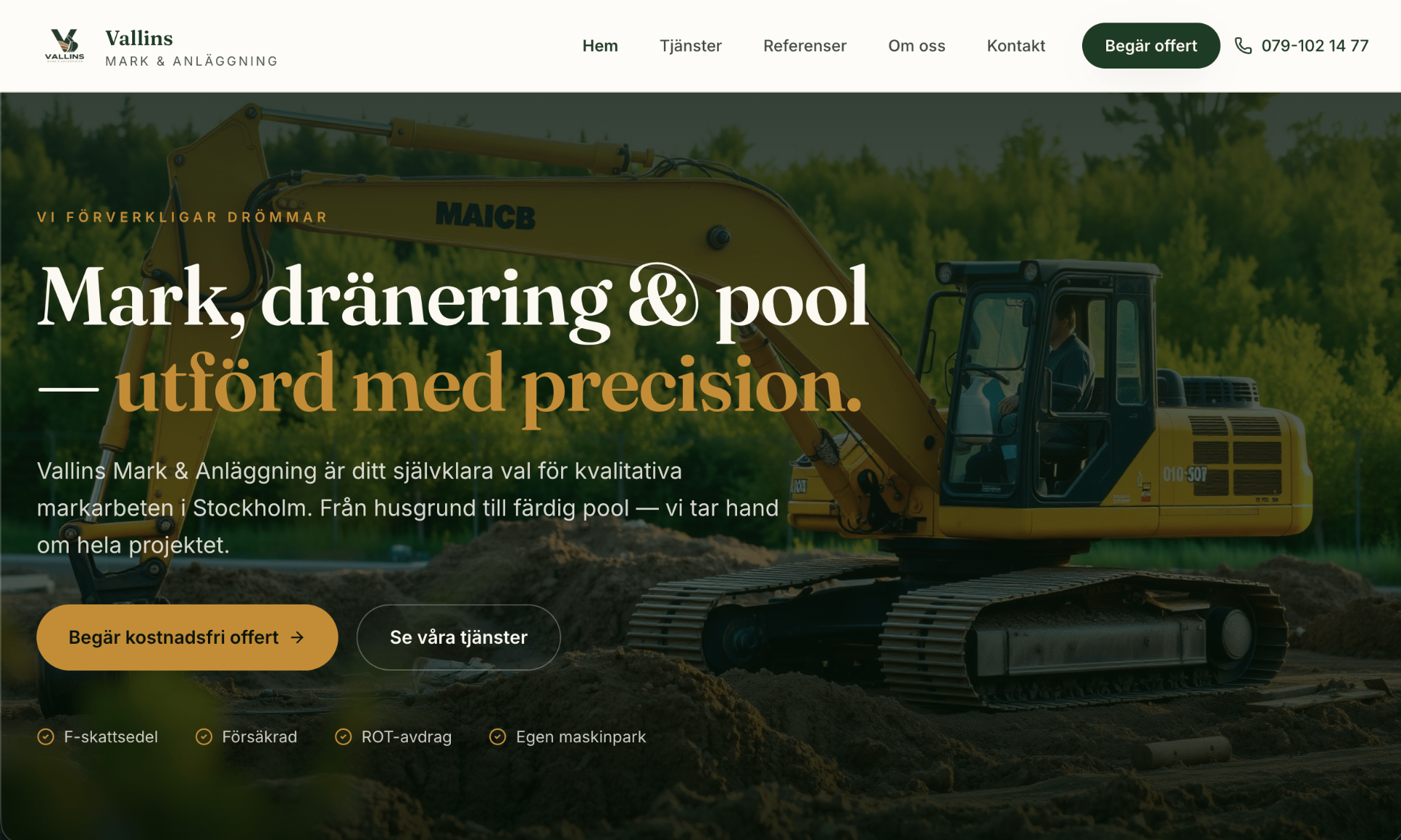 Vallins Mark & Anläggning — Premiumsajt för mark-, dränerings- och poolentreprenör i Stockholm