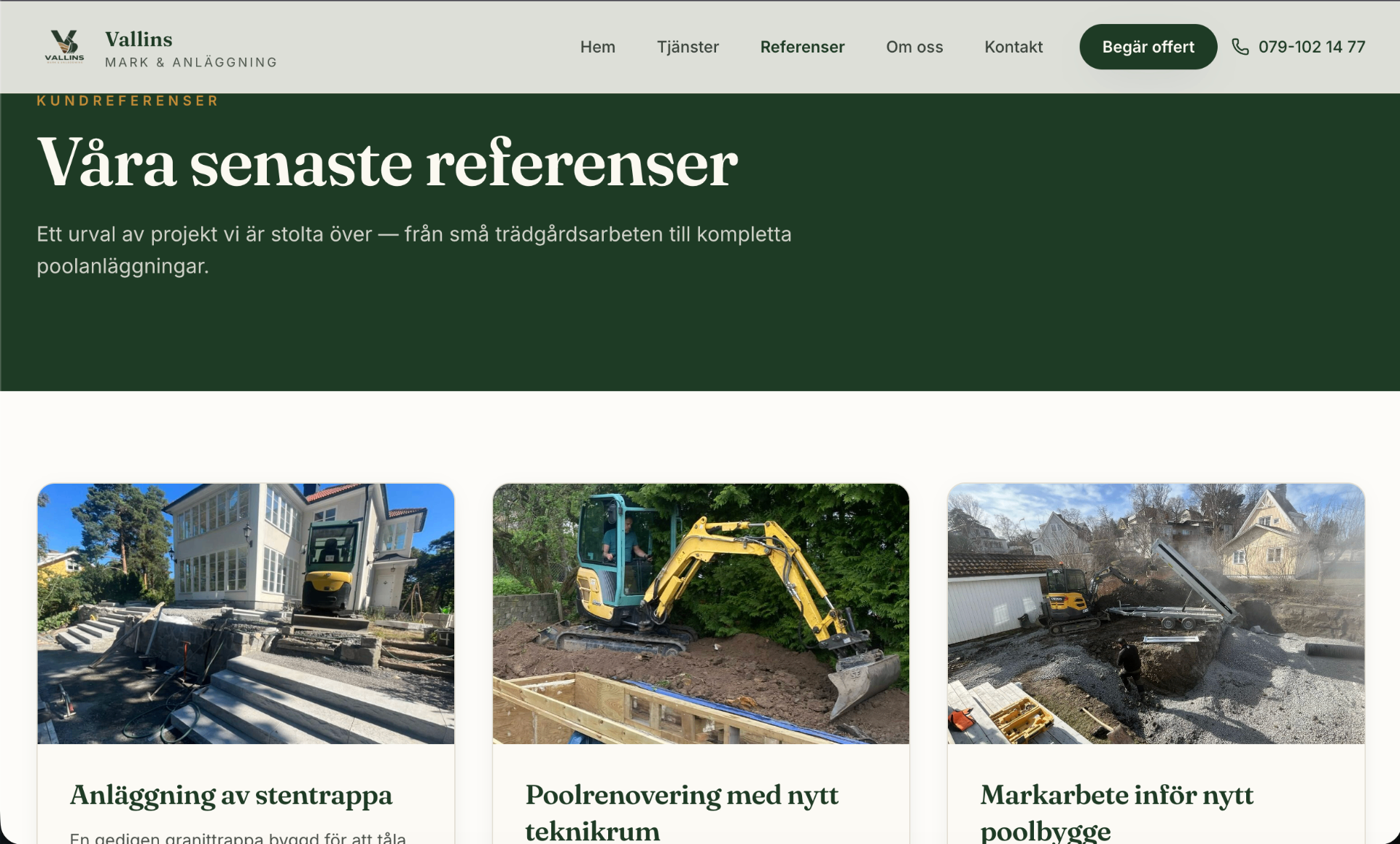 Referenssida hos Vallins med projekt som stentrappa, poolrenovering och markarbete